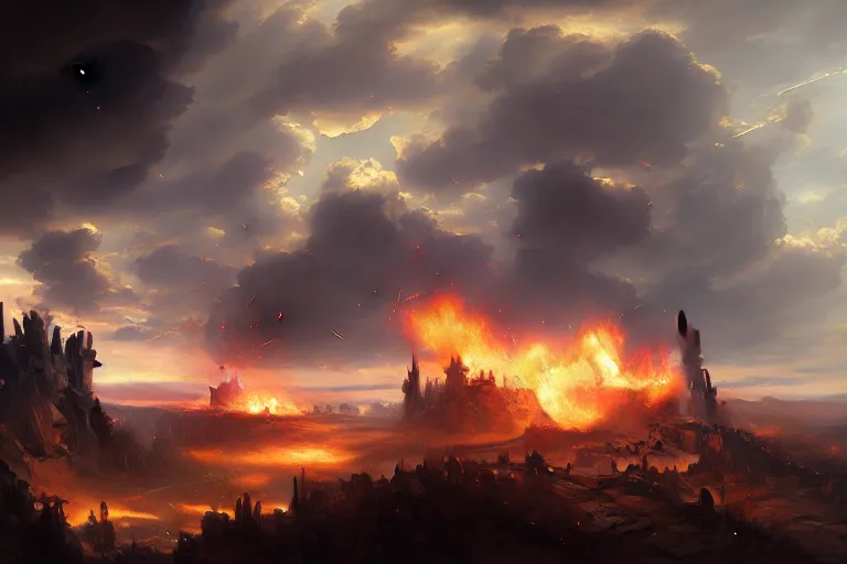 Image similar to baroque oil painting of anime key visual environment concept art of anime rail canon artillery firing over castle walls, smoke debris, grimdark steampunk fantasy, battlefield, trending on artstation, brush strokes, oil on canvas, style of makoto shinkai and greg rutkowski and studio ghibli