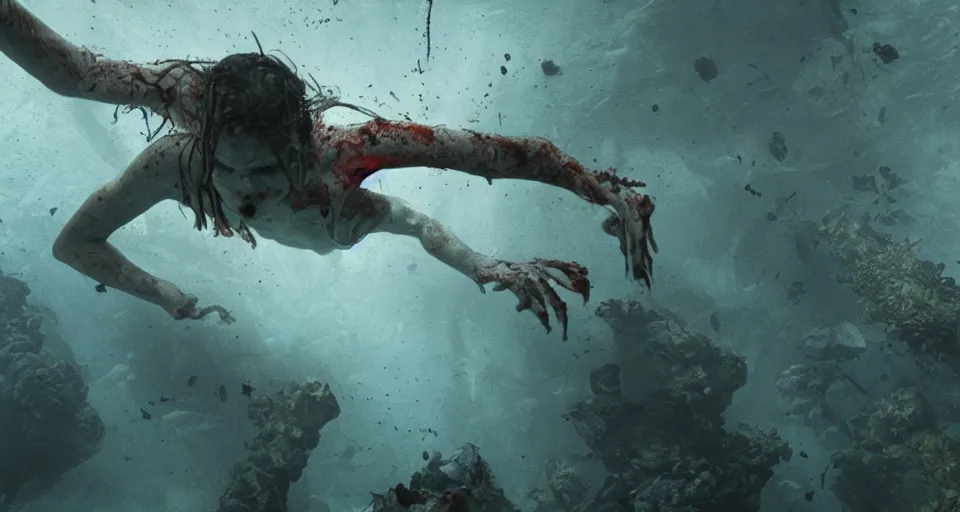 Image similar to a zombie swimming underwater in a zombie - apocalypse, by greg rutkowski, octane render, lightbeams in the water