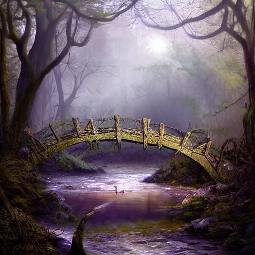 Prompt: old rickety bridge over a stream within an ancient mystical forest, high resolution, highly detailed, dark fantasy, by anne stokes, digital art