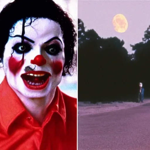 Image similar to a cinematic film still from a 1980s horror film about a Michael Jackson clown, vintage, color film still, moon lighting