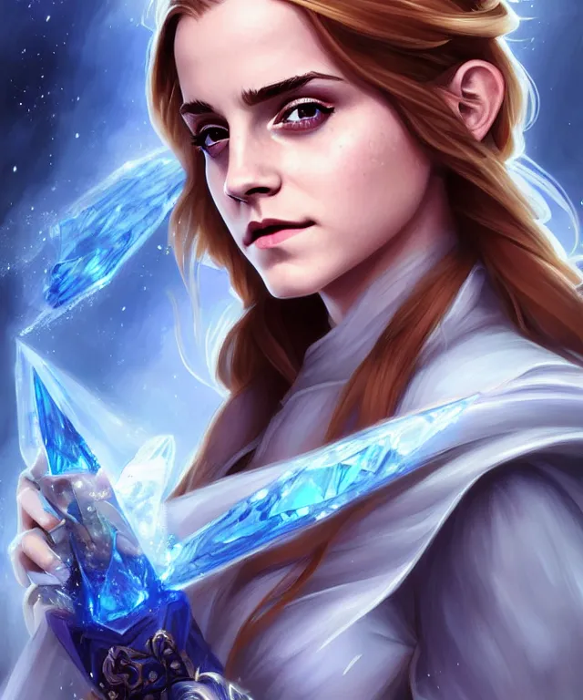 Image similar to Emma Watson as a ice magician, crystal maiden from dota 2, sci-fi, amber eyes, face, long hair, fantasy, intricate, elegant, highly detailed, digital painting, artstation, concept art, smooth, sharp focus, illustration, art by artgerm and greg rutkowski and alphonse mucha