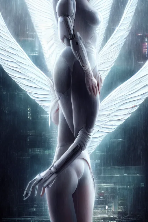 Image similar to white arc-angel with mystic robotic wings, blade runner, akira, ghost in the shell, 2077, ultra detailed, digital art, 8k ,character ,realistic, portrait, hyperrealistic