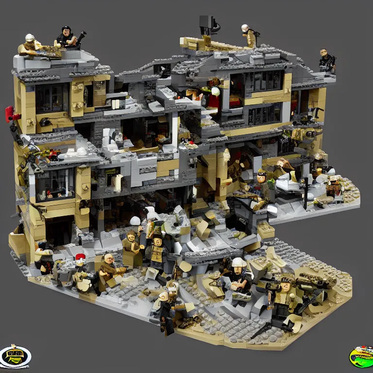 Image similar to navy seals raid osama bin laden's final hideout in abbottabad, pakistan lego set product marketing, photorealistic, studio lighting, highly detailed