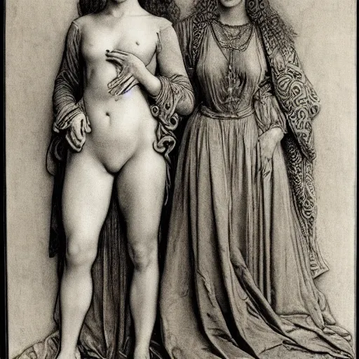 Prompt: engraving full body portrait of natalie portman and scarlet johansson, by albrecht durer, jean delville, alphonse mucha, jan van eyck, da vinci