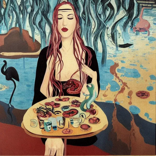 Prompt: tall female emo artist holding an octopus in a flooded cafe, bagels, pigs, water gushing from ceiling, painting of flood waters inside a cafe, a river flooding indoors, pomegranates, pigs, ikebana, water, octopus, river, rapids, waterfall, black swans, zen, canoe, berries, acrylic on canvas, surrealist, by magritte and monet