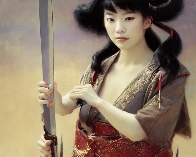 Prompt: a young japanese princess lady with white hair and bangs!!!!, posing with a sword killing an ox, white hair highly detailed painting by gaston bussiere, craig mullins, j. c. leyendecker 8 k