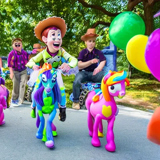 Image similar to children from Toy Story riding (my little pony) at a birthday party in the city park. balloons, cake, presents, craziness, havoc, by Pixar