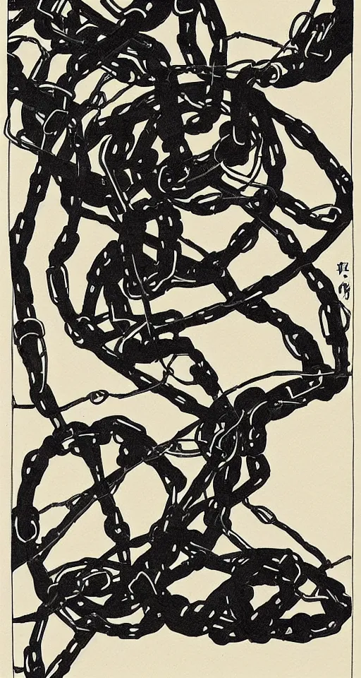 Image similar to a robot hanging by chains upside down peacefully, beautiful Japanese ink painting inspired by the hanged man tarot card, sharp lines