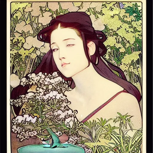 Prompt: “ a girl looking down at a small bonsai tree!!!!!, by alphonse mucha ”