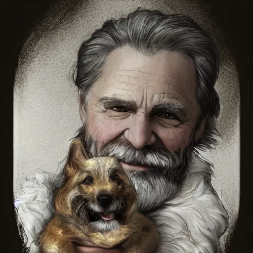 Prompt: medium close up portrait of a old, ruggedly handsome bearded man holding corgi dog, real hands, soft hair, muscular, half body, cloth, d & d, fantasy, intricate, elegant, highly detailed, digital painting, artstation, concept art, smooth, sharp focus, illustration, art by artgerm and greg rutkowski and alphonse mucha