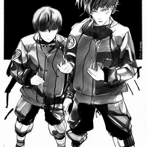 Image similar to a manga sketch of two boys playing cyberpunk soccer, black and white, pencil sketch, in the style of yoji shinkawa and takehiko inoue