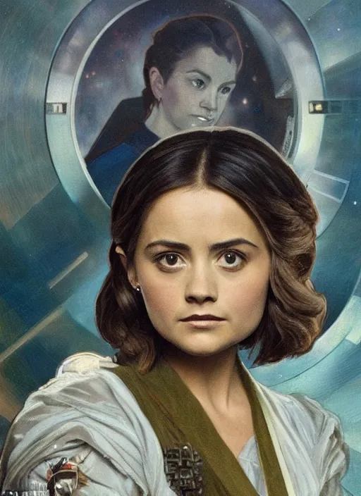 Image similar to jenna coleman as a star trek captain, a still from star trek painted by alphonse mucha. clear highly detailed face, beautiful sci fi art