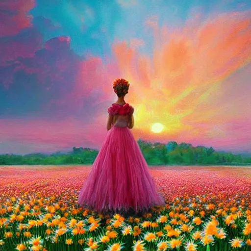 Prompt: crown made of giant daisy flowers, full body girl standing in a flower field, surreal photography, sunrise, dramatic light, impressionist painting, colorful clouds, digital painting, artstation, simon stalenhag