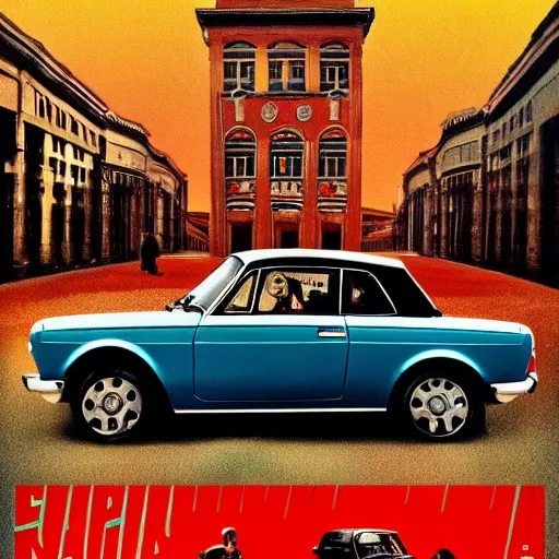 Image similar to fiat 124 berlina in soviet city. Film poster. Epic cinematic