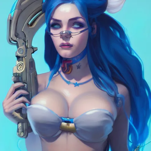 Prompt: beautiful girl portrait with blue hair wearing a bikini, symmetrical face, character concept, character concept art, by Peter Mohrbacher and Alphonse Mucha, overwatch, weapon, detailed, style, 8k, trending on artstation, unreal