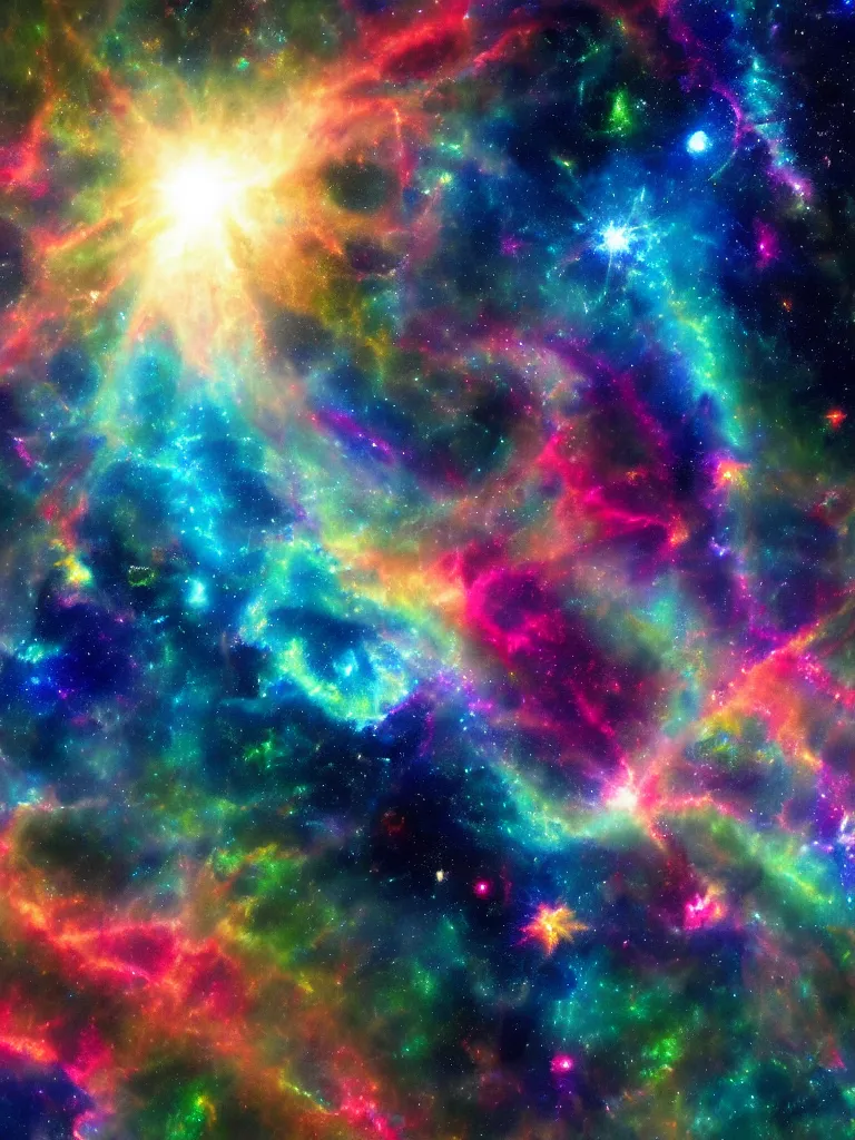 Prompt: celestial epic vibrant cinematic fantasy space image of a sparkling ethereal tie dye cosmic universe, celestial cosmos, nasa photos, artstation