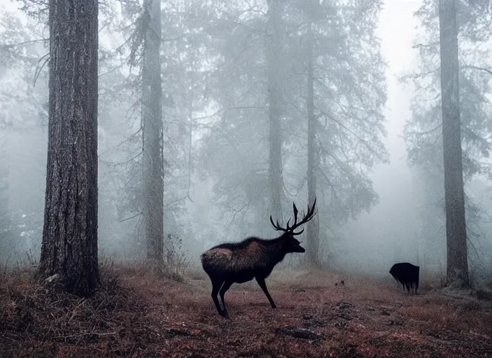 Prompt: a running elk with massive antlers in a foggy rainy forest with wolves chasing, epic scene, extremely detailed masterpiece, extremely moody lighting, glowing light and shadow, atmospheric, shadowy, cinematic, etsy shop photo