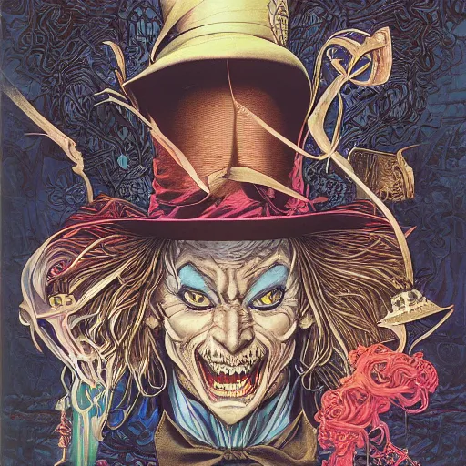 Image similar to portrait of the mad hatter, symmetrical, by yoichi hatakenaka, masamune shirow, josan gonzales and dan mumford, ayami kojima, takato yamamoto, barclay shaw, karol bak, yukito kishiro