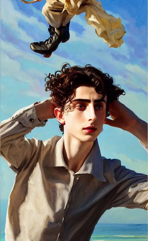 Image similar to Timothee Chalamet, the most beautiful androgynous man in the world, intense painting, sunny day at beach, tropical island, +++ super supper supper dynamic pose,  digital art, j.c. leyendecker