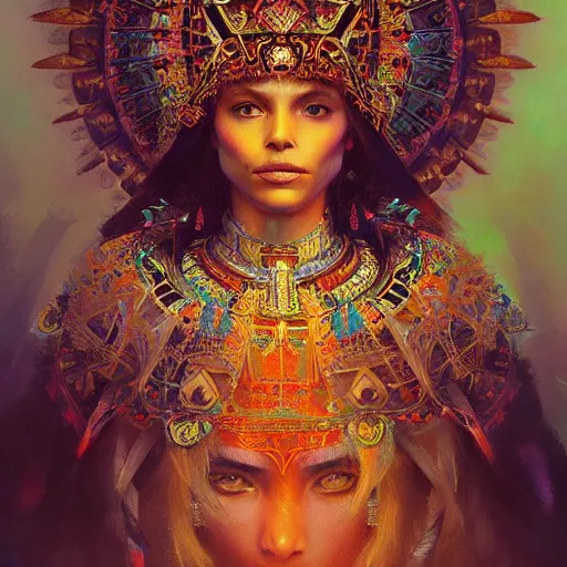 Prompt: queen of the aztecs, gorgeous portrait, intricate, elegant, volumetric lighting, scenery, digital painting, highly detailed, artstation, sharp focus, illustration, concept art, ruan jia, steve mccurry