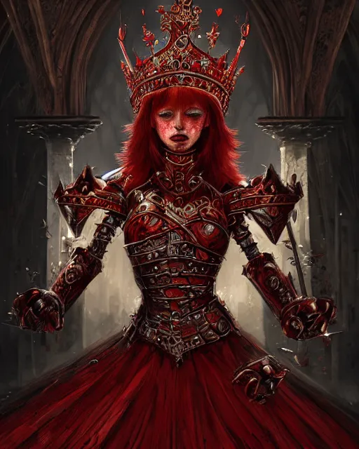 Prompt: redhead queen in heavy red armor, inside an epic gothic castle, baroque, hearts falling, large crown helmet, face with scars, psychopath, aristocratic, intimidating, ominous, high fantasy, intricate detail, digital painting, artstation, concept art, smooth, sharp focus, illustration, art by yoshitaka amano and monia merlo and wlop