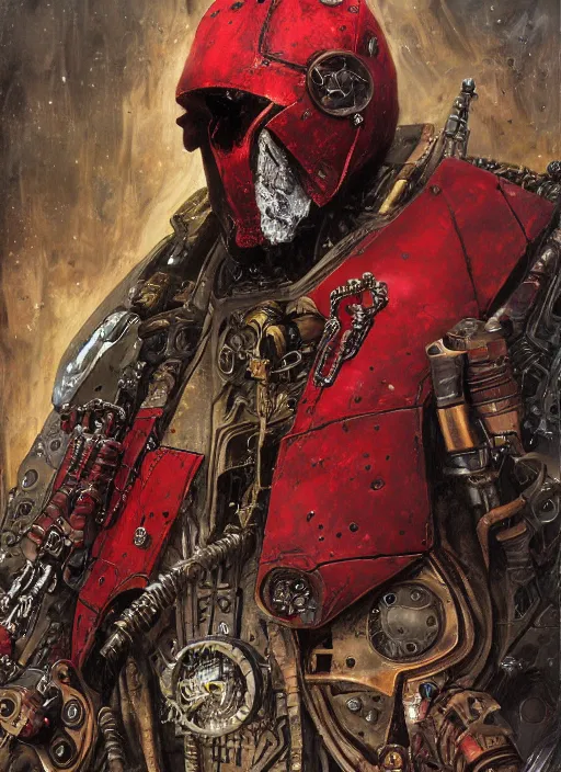 Image similar to portrait of rotten Nicolas Cage as adeptus mechanicus in red hood and robe from Warhammer 40000. Highly detailed, artstation, illustration by and John Blanche and zdislav beksinski and wayne barlowe and Gustav Klimt