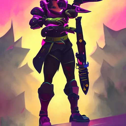 Prompt: a cartoon stylized portrait of a young man as a warrior posing with a massive sword and futuristic rocket launcher, overwatch style, stylized, arcane magic, pink power, vaporwave, volumetric light from above, background by liam wong, art by ross tran + raymond swanland + marc simonetti + greg rutkowski + harumi hironaka