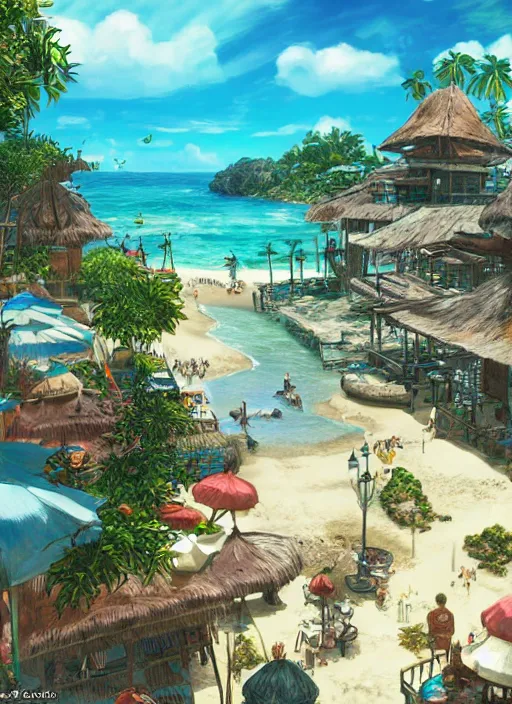 Image similar to Fantasy tropical port town view of the beach. hidari, color page, tankoban, 4K, tone mapping, Akihiko Yoshida.