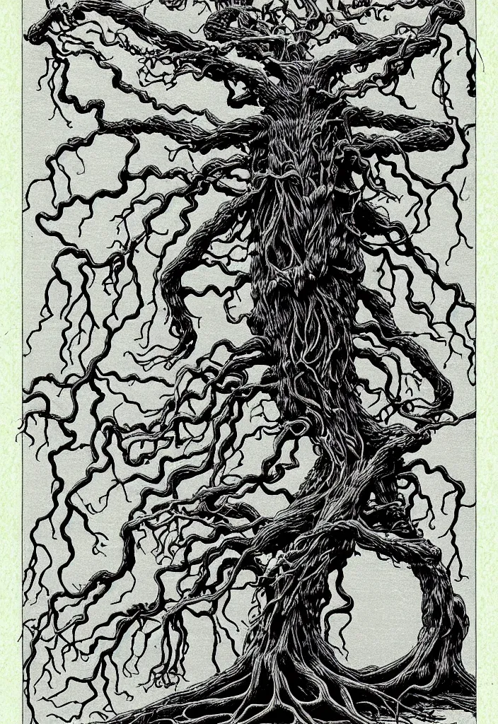 Image similar to prompt: anatomy dissection drawing skeleton Bonsai tree squid creature roots merging into big moon drawn by Takato Yamamoto, bonsai skeleton anatomy atlas, veins and organs attached to tree roots, alchemical objects inspired by 1980's sci-ci, old experimentation cabinet, intricate oil painting detail, manga 1980