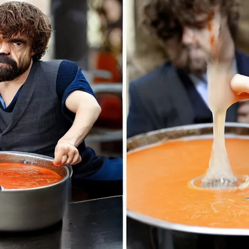 Image similar to soaked Peter dinklage served in a pot of tomato soup