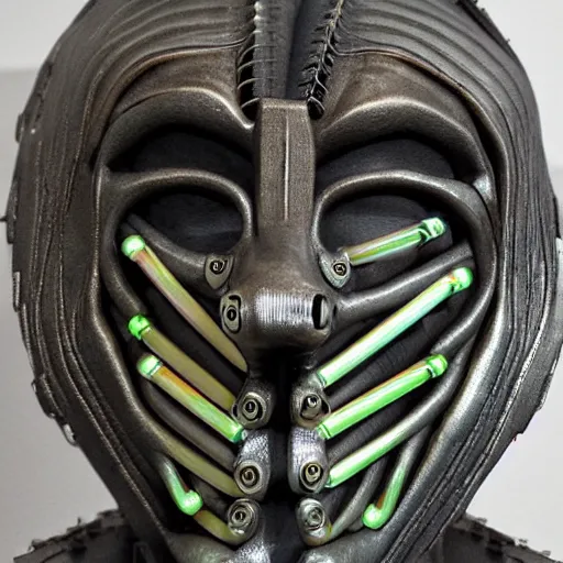 Image similar to a close up of a mask on a table, cyberpunk art by Giger, zbrush central contest winner, afrofuturism, made of paperclips, darksynth, made of liquid metal