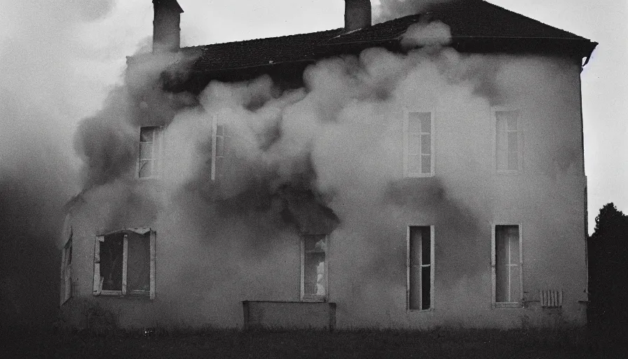 Image similar to 1 9 7 0 s movie still of a heavy burning house windows in a small french village by night, cinestill 8 0 0 t 3 5 mm, heavy grain, high quality, high detail, dramatic light, anamorphic, flares