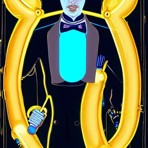 Image similar to portrait of a male bartender, chinese, cyborg, muscular, slick black hair, robotic arms, navy mao suit, light blue ascot, monocle, in a bar lit by gold and silver neon lights, john singer sargeant