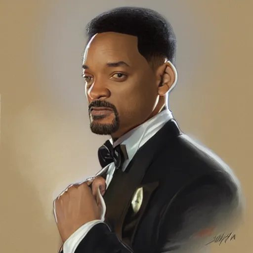 Prompt: will smith wearing a tuxedo, portrait, highly detailed, digital painting, artstation, concept art, sharp focus, illustration, art by artgerm and greg rutkowski and alphonse mucha