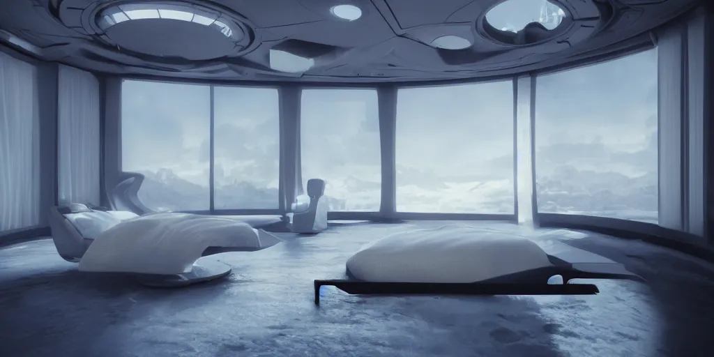 Image similar to a futuristic bed in the foreground of a futuristic minimalistic room with a huge window overlooking an alien planet, photorealistic, cinematic, octane render by oblivion movie thom tenery