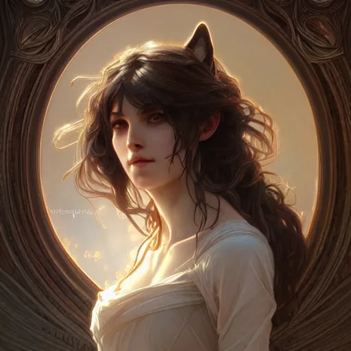 Image similar to beautiful portrait of wolf, natural, fantasy, intricate, elegant, highly detailed, digital painting, artstation, concept art, smooth, sharp focus, illustration, art by artgerm and greg rutkowski and alphonse mucha