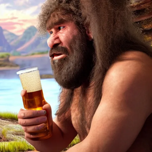 Image similar to photo of ancient caveman discovering beer for the first time, high detail, ultra realistic, 4k UHD, pristine