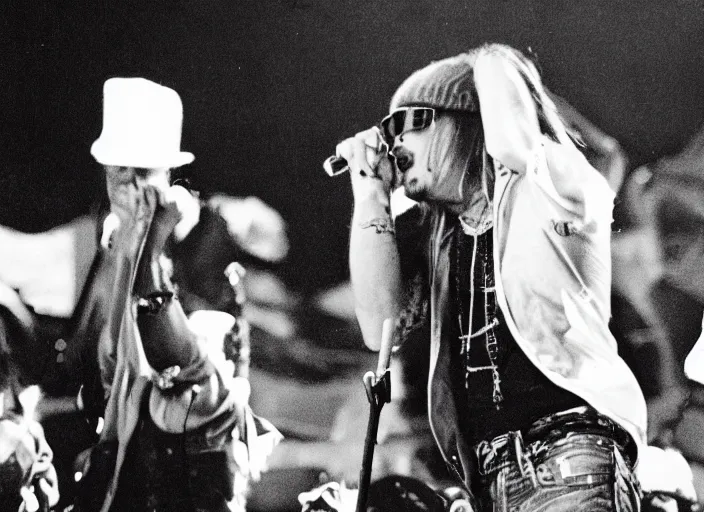 Image similar to polaroid movie still of kid rock crying during a concert in woketown