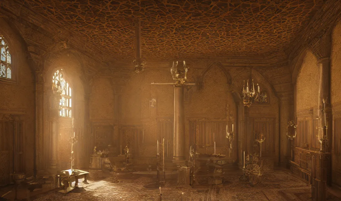 Image similar to hall of the king, interior medieval castle, ascher clemens, home, interior, octane render, deviantart, greg rutkowski, cinematic, key art, hyperrealism, canon eos c 3 0 0, ƒ 1. 8, 3 5 mm, 8 k, medium - format print