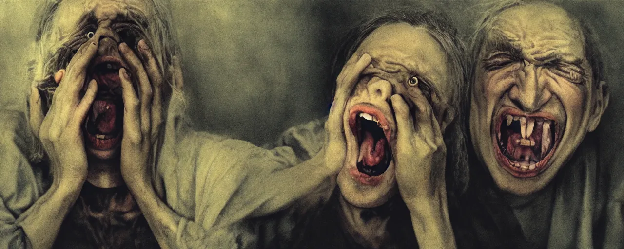 Image similar to vintage color footage exaggerated sombre exorcism scared priest by annie leibovitz, wide open mouth in terror by annie leibovitz, crying figures inside mental hospital portrait by annie leibovitz, artstationhq iamag