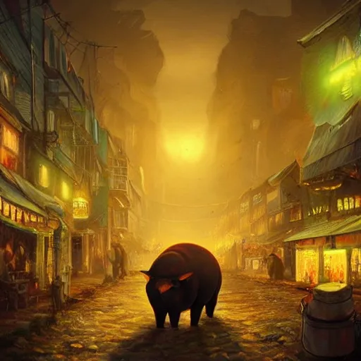 Image similar to this place is truly beautiful and the atmosphere is buzzing the town lights are glowing particularly brightly tonight all these pigs look beautiful, trending on artstation,