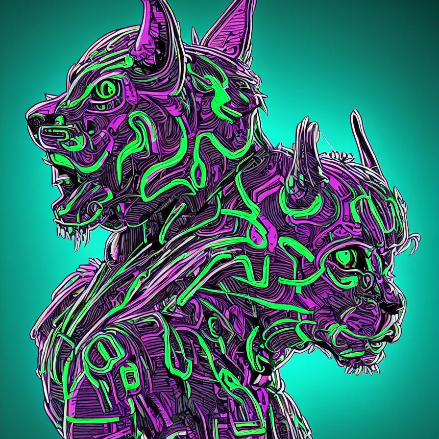 Image similar to a maximalist very detailed antropomorphic humanoid android with a head of a lynx. lowbrow blacklight color palette. artwork by subjekt zero