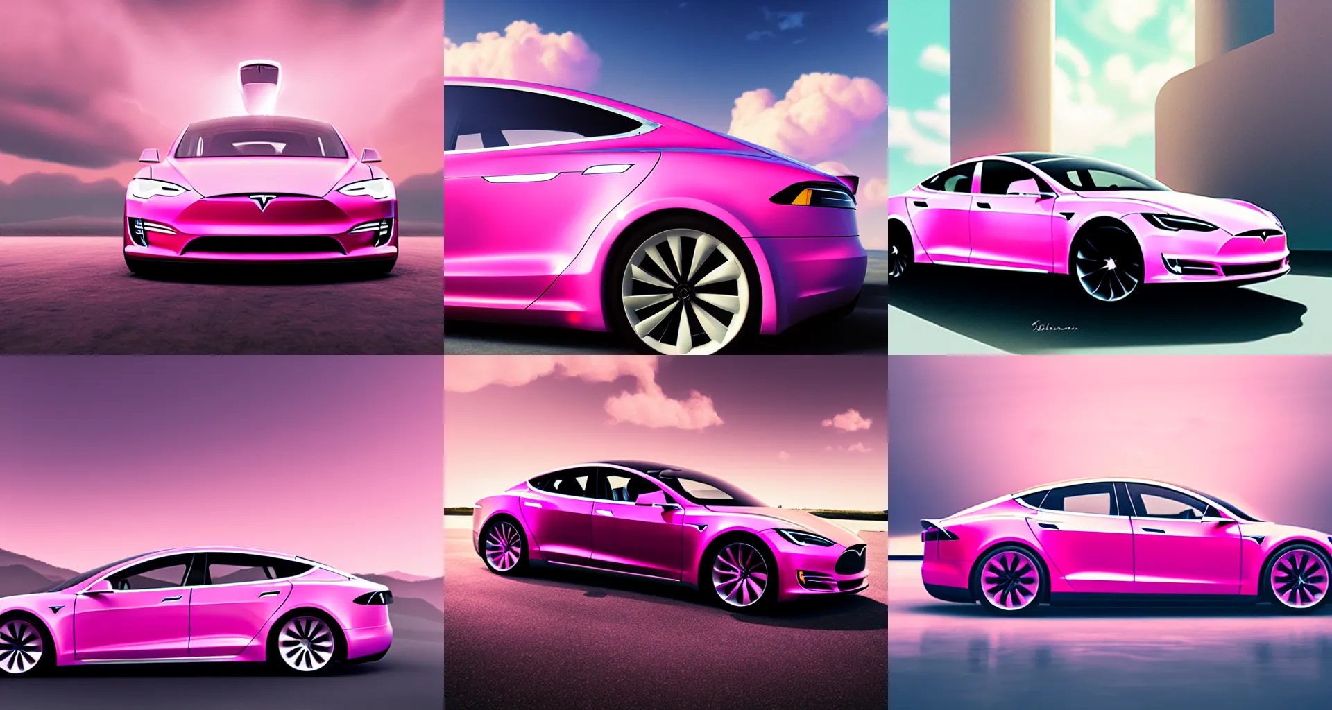 Prompt: luxury pink tesla on a beautiful cloud, radiant lighting, cinematic, epic, photorealism, sylvain sarrailh