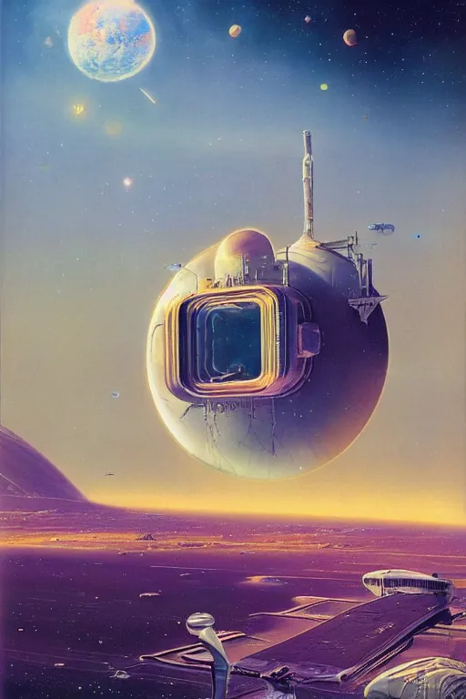 Prompt: a spaceport in an empty landscape, cosmic sky sci - fi vivid by bruce pennington