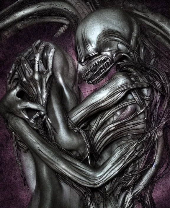 Image similar to xenomorph hugging pale sad beauty merging, dark mist colors, giger background liminal void, digital art, cinematic lighting, realistic, award winning photograph, various refining methods, micro macro autofocus