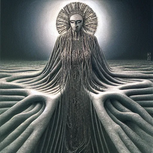 Image similar to The queen of the sun by Zdzislaw Beksinski and H.R. Giger, oil on canvas