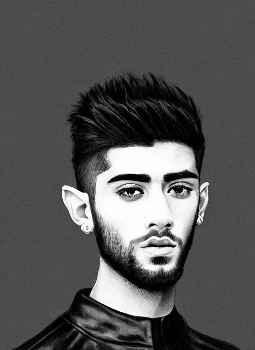 Image similar to portrait of zayn malik as an elf by charles angrand, only one head single portrait, pointy ears, wearing a black leather collared jacket