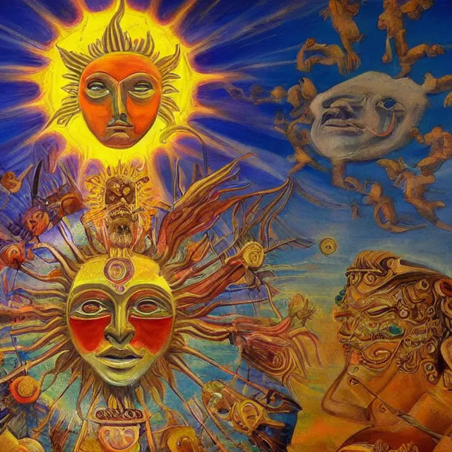 Image similar to dissection of sun god made of shining light, mythical painting