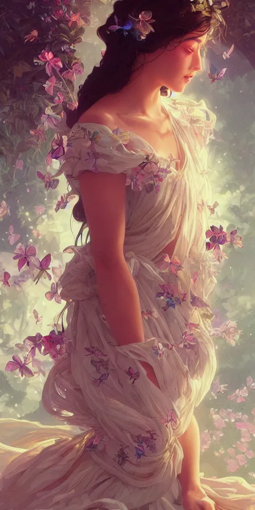 Prompt: beautiful, young woman, extremely detailed gorgeous face, sad eyes tears, vaporwave aesthetic, synthwave long luxurious gown digital, flowers, butterflies, birds, painting, artstation, concept art, smooth, sharp focus, illustration, art by artgerm and greg rutkowski and alphonse mucha