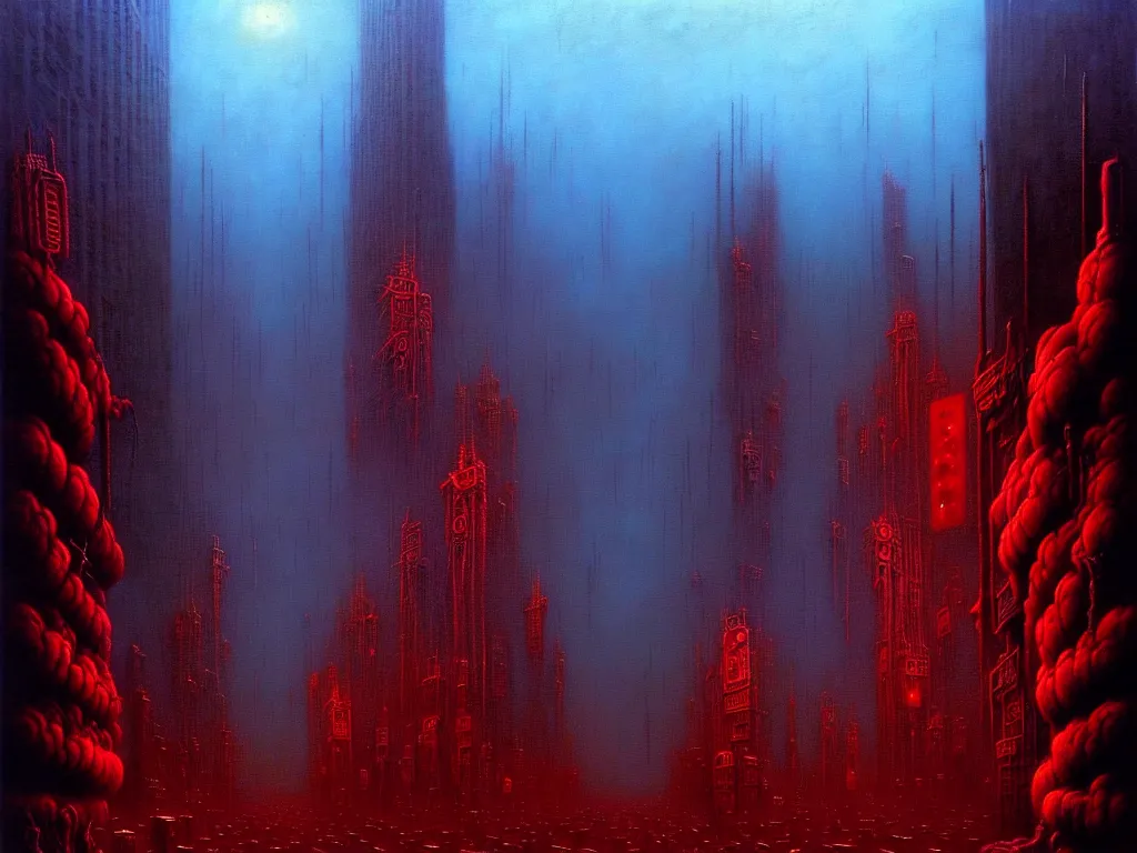 Prompt: an epic cityscape painting of a nightmarish hellscape full of cosmic horrors, by zdzisław beksinski and greg rutkowski, wall street, horror, surreal, cyberpunk, dark, vivid, red, blue, oil on canvas, neon lights, epic, organic